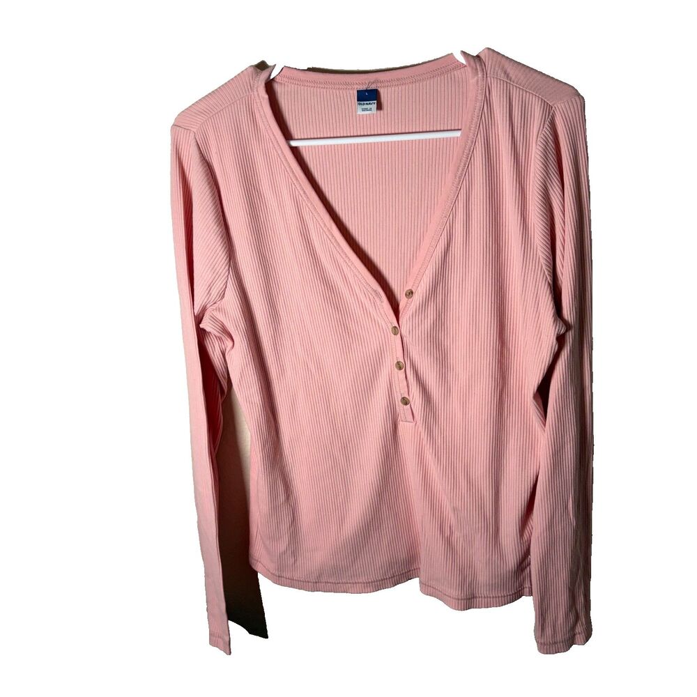Old Navy T-Shirt Women's Large Pink V-Neck Henley Popover Long Sleeve Top
